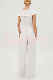 Velena Linen Blend Button Up Lapel Top and High Rise Pocket Wide Leg Pants Set