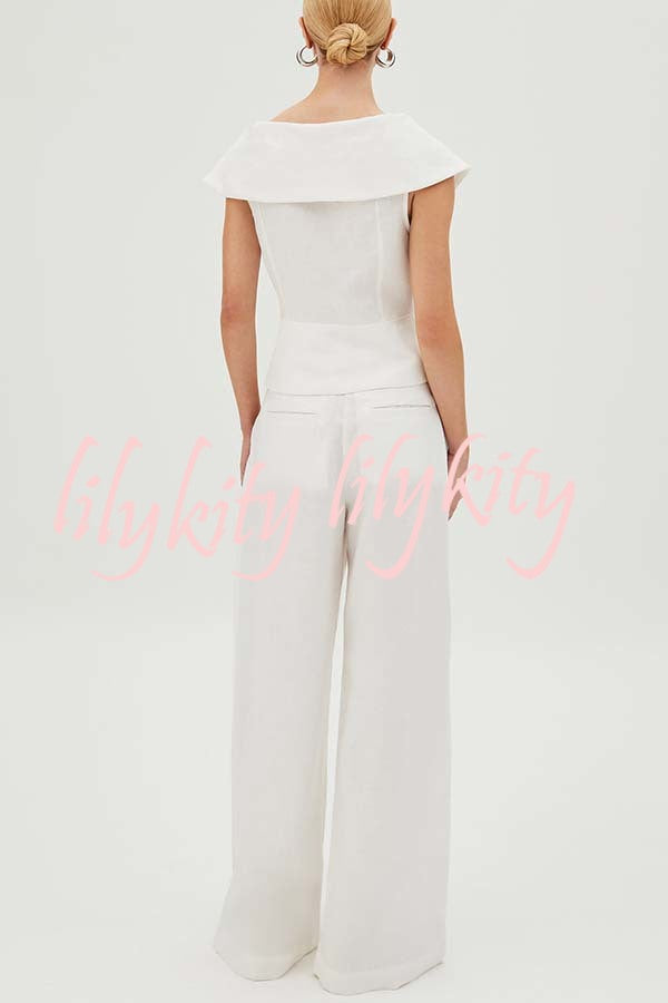 Velena Linen Blend Button Up Lapel Top and High Rise Pocket Wide Leg Pants Set