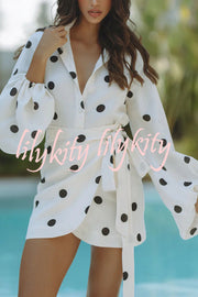 Effortlessly Linen Blend Polka Dot Balloon Sleeve Blouse and Wrap Tie-up Loose Mini Skirt Set