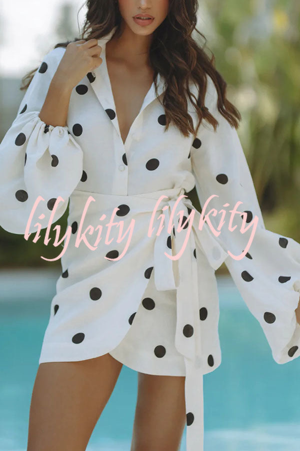 Effortlessly Linen Blend Polka Dot Balloon Sleeve Blouse and Wrap Tie-up Loose Mini Skirt Set