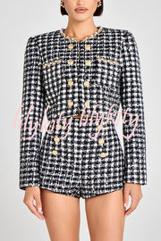 Alex Check Bouclé-tweed Fabric Gold Button High Rise Shorts