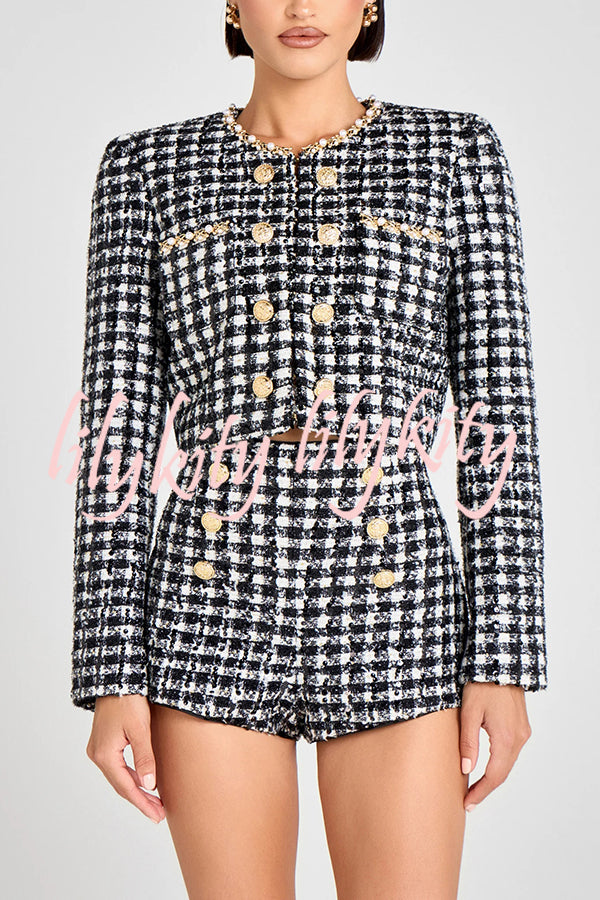 Alex Check Bouclé-tweed Fabric Gold Button High Rise Shorts