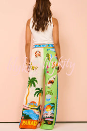 Kissed By The Sun Satin Unique Print Colorblock Elastic Waist Pocketed Wide Leg Pants