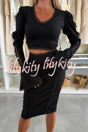 Career Beauty Lace Paneled Long Bell Sleeve Crop Top and High Rise Mini Skirt Set