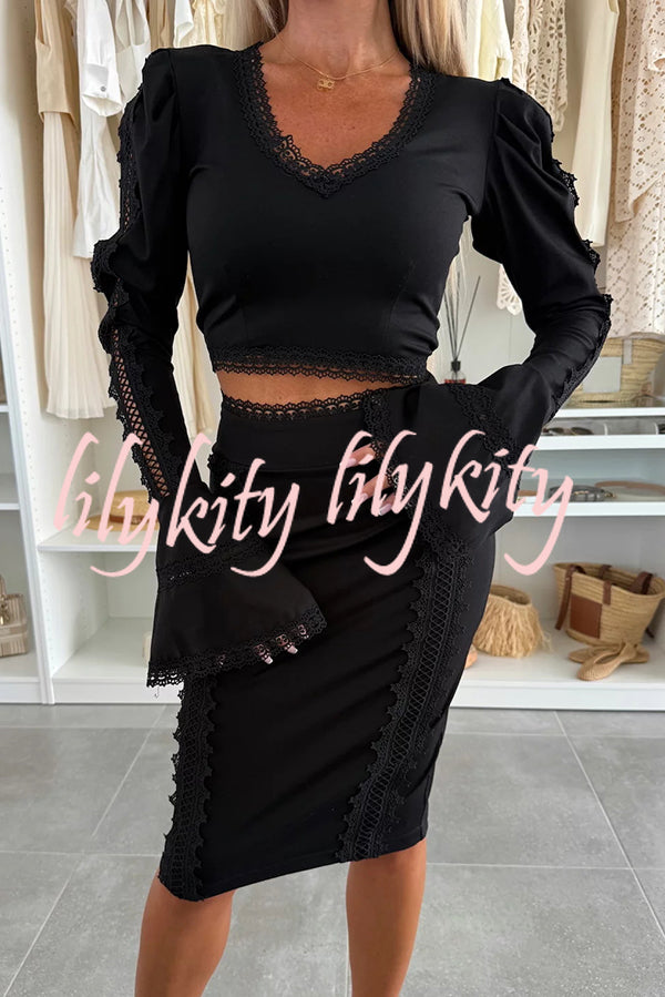 Career Beauty Lace Paneled Long Bell Sleeve Crop Top and High Rise Mini Skirt Set