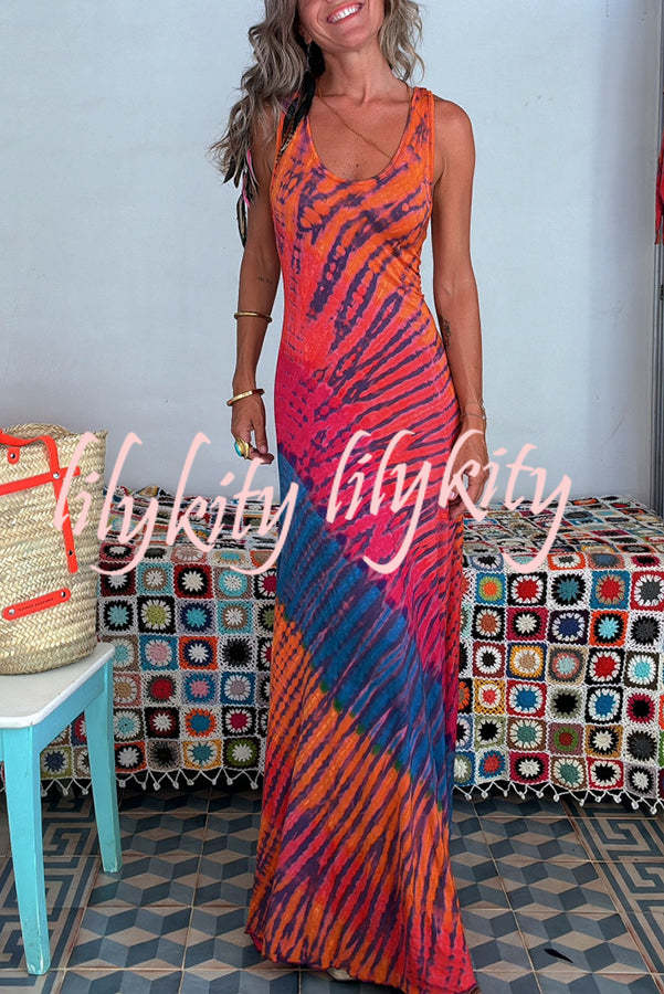 Nahuel Tie-dye Print Back Lace-up Fishtail Hem Stretch Maxi Dress