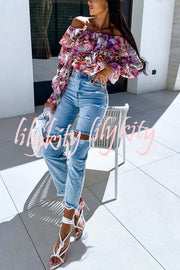 Colorful Botanical Print Sexy Off-shoulder Ruffle Top