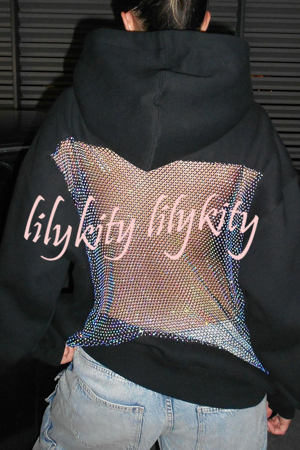 Fashionable Shiny Mesh Hollow Back Loose Long-sleeved Hooded Sweatshirt