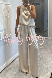 Classic on You Satin High Cowl Neck Top and Elastic Waist Pocket Loose Pants Set