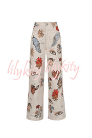 Angel Wings Denim Unique Print Mid Rise Pocket Loose Pants