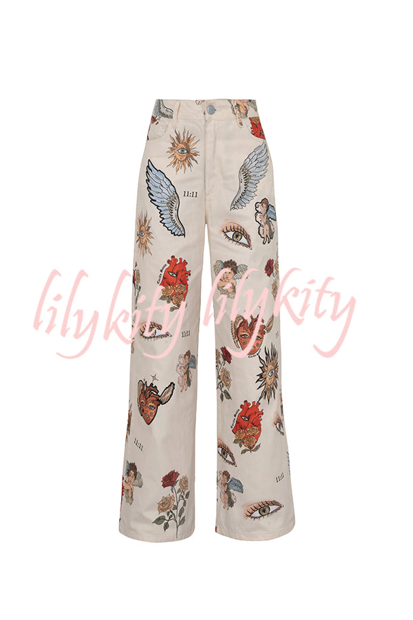 Angel Wings Denim Unique Print Mid Rise Pocket Loose Pants