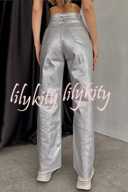 Stylish Metallic Fabric Pocket Casual Straight Wide-Leg Pants