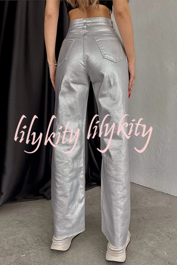 Stylish Metallic Fabric Pocket Casual Straight Wide-Leg Pants