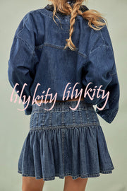 Solid Color Elastic Waist Button Tie Denim Mini Skirt