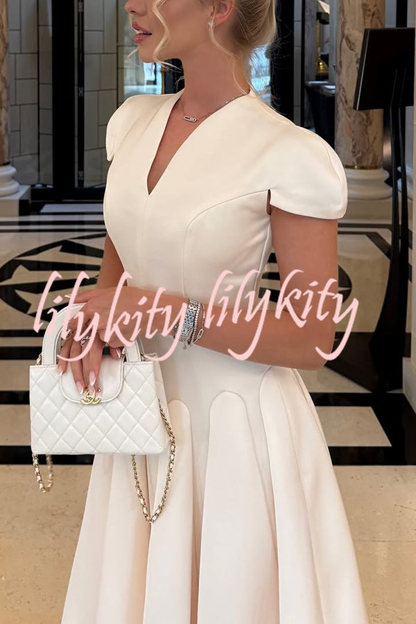 Solid Color V-neck Waist Elegant Full Hem Maxi Dress