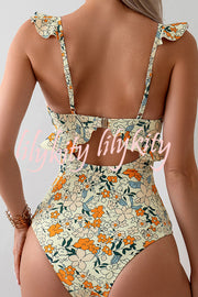 Floral Print Ruffled Stretch One-piece Swimsuit