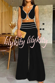 Solid Color Sexy V-neck Sleeveless Top and High-waisted Loose Pants Set