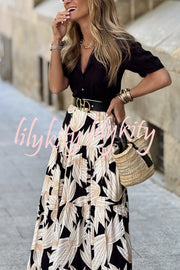 Resort Style Botanical Print Elastic Waist Loose Stitching Midi Skirt