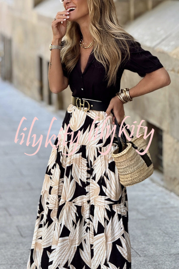 Resort Style Botanical Print Elastic Waist Loose Stitching Midi Skirt