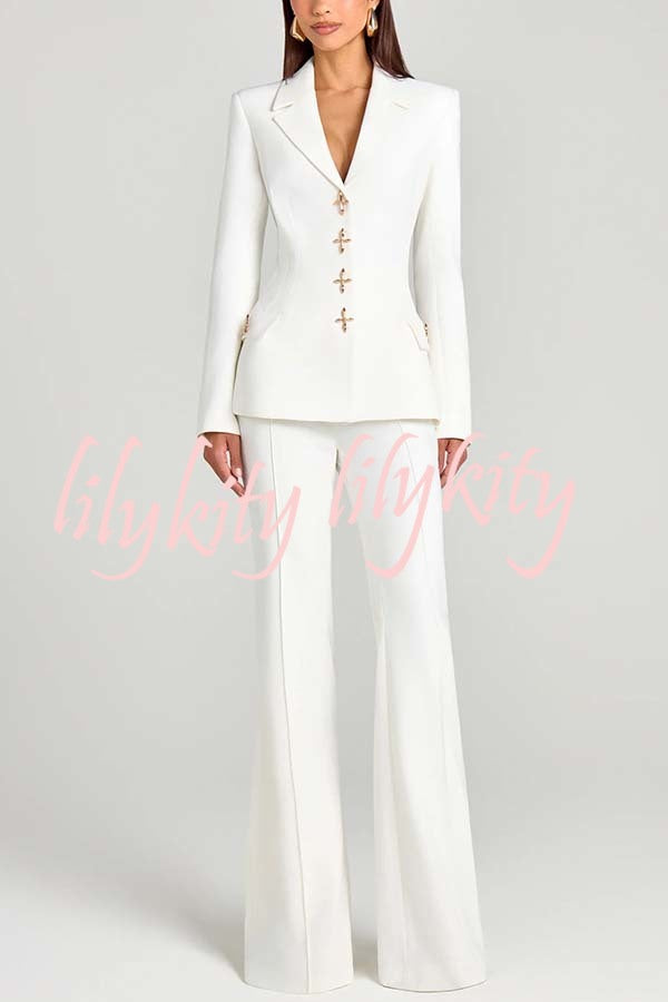 Women Power Metal Cross Snap Button Long Sleeve Lapel Blazer