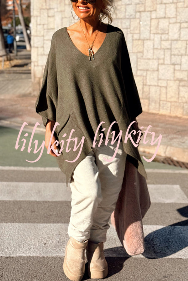 Fashion V-neck Loose Pocket Mid-length Knitted Sweater