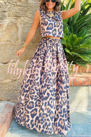 Lisa Leopard Print Back Tie-up Tank and Elastic Waist Pleated A-line Maxi Skirt