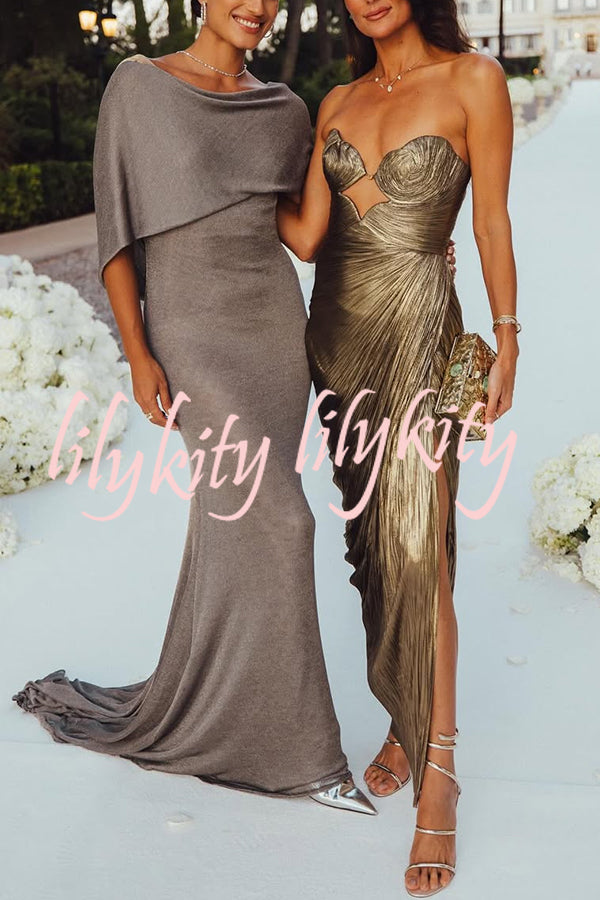 Amisha Metallic Pleated Shell Cups Hollow Gold Pendant Strapless Drape Slit Maxi Dress