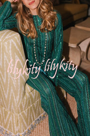 Relaxing Time Knit Zigzag Pattern Tassel Trim Slit Top and Wide Leg Pants Set