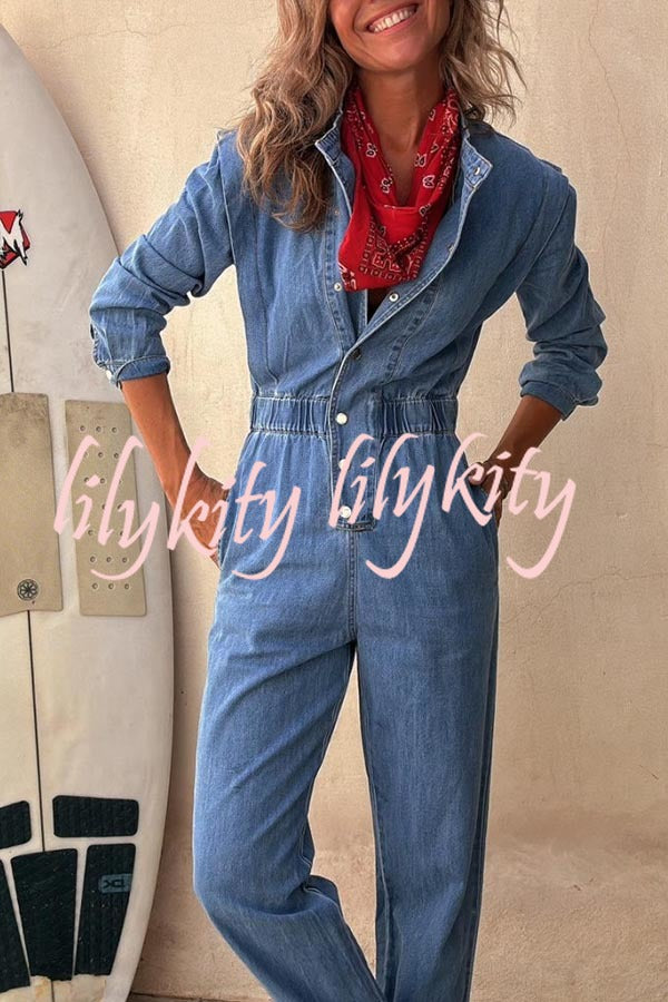 Carey Denim Button Up Long Sleeve Elastic Waist Pocketed Loose Jumpsuit