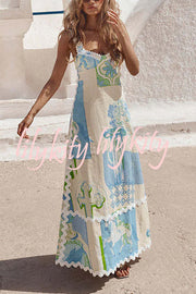 Darla Linen Blend Ric Rac Trims Unique Print Back Tie-up Maxi Dress