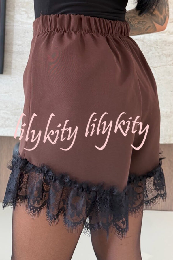 Amazing Items Lace Trim High Rise Elastic Waist Loose Mini Shorts
