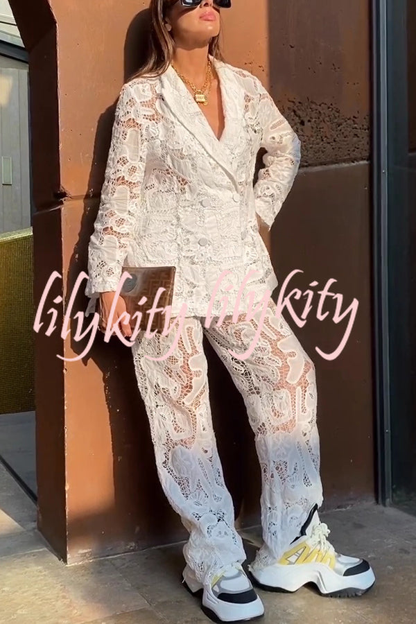 Fashionable Lace Long-sleeved Lapel Loose Top and Casual Hollow Pants Set