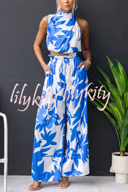 Girls Night Satin Printed High Neck Top and Elastic Tie-up Waist Pocket Wide Leg Pants Set