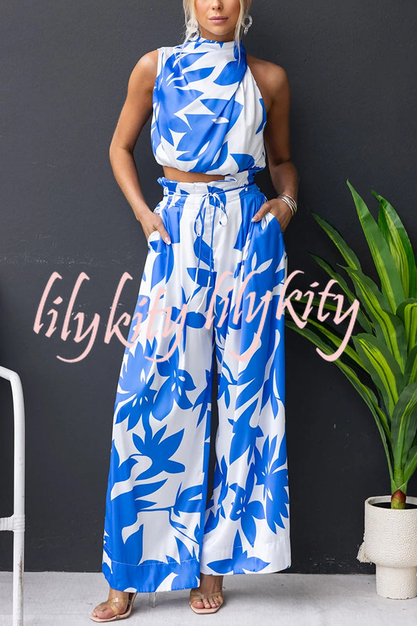 Girls Night Satin Printed High Neck Top and Elastic Tie-up Waist Pocket Wide Leg Pants Set