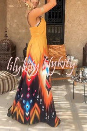 Unique Printed Suspender V-neck Loose Maxi Dress