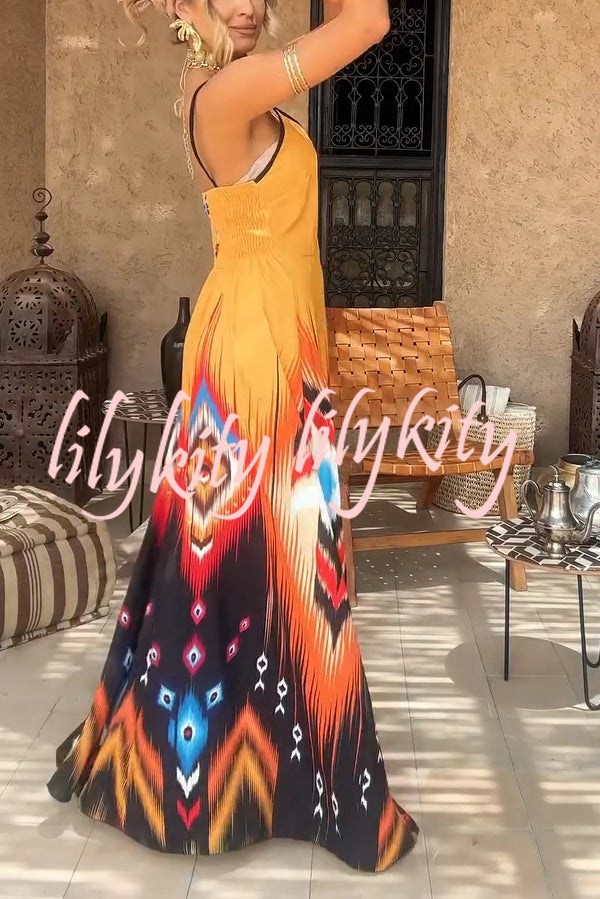 Unique Printed Suspender V-neck Loose Maxi Dress