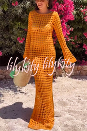 Sunny Beachside Crochet Knit Hollow Out Long Sleeve Cover-up Maxi Dress