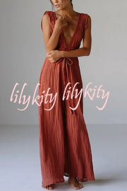 Resort Style V-neck Tie Pleated Casual Jumpsuit