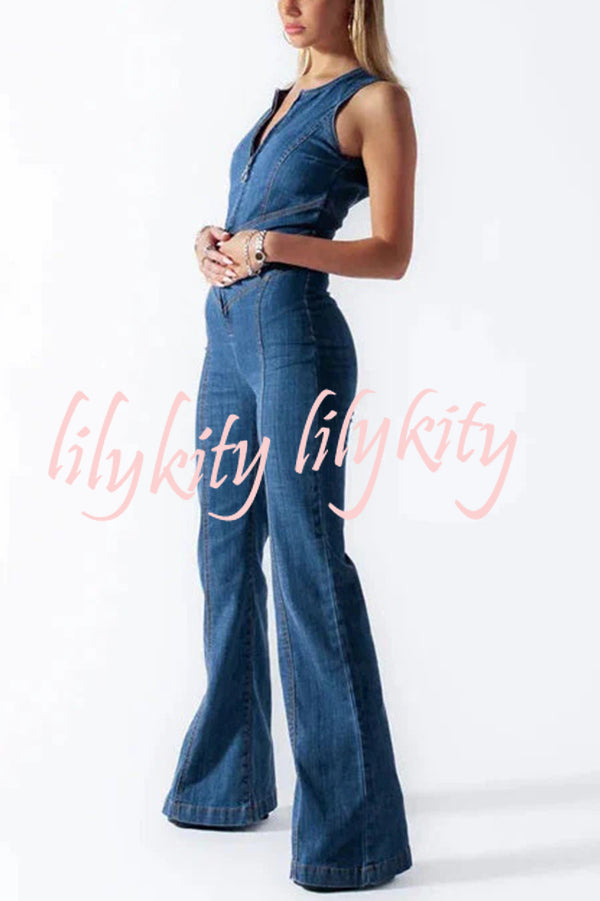 Fashionable Heart Hollow Back Slim High Waist Flared Denim Jumpsuit