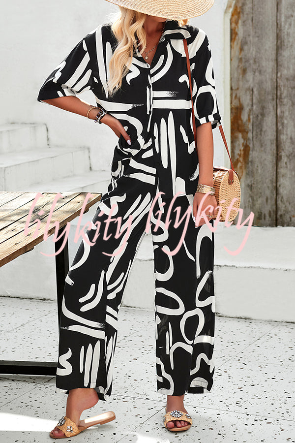 Irregular Printed Button Pocket Long Sleeved Shirt and Elastic Waist Pants Set