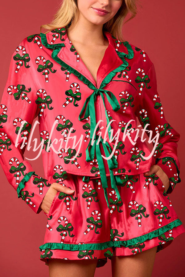 Christmas Holiday Print Bow Tie Long Sleeve and Elastic Waist Loose Shorts Set