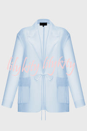 Simple and Light See-through Fabric Tie-up Long Sleeve Pocket Lapel Blazer