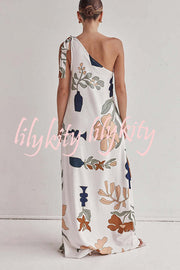 Matches The Vacation Unique Print One Shoulder Tie-up Pocketed Loose Maxi Dress