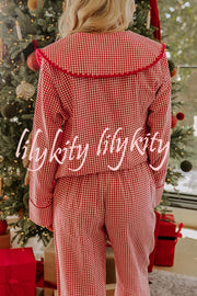 Nutcracker Charm Embroidered Gingham Loose Shirt and Elastic Waist Pajama Set