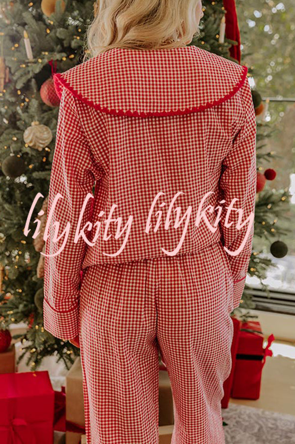 Nutcracker Charm Embroidered Gingham Loose Shirt and Elastic Waist Pajama Set