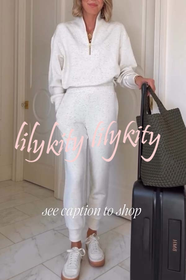 Ivory Marl Fleck Half-Zip Neck Long Sleeve Sweatshirt and Elastic Waist Pocket Jogger Set