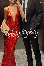 Reshape Beauty Fish Scale Sequin Cutout U-neck Slip Maxi Dress