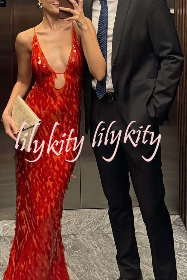 Reshape Beauty Fish Scale Sequin Cutout U-neck Slip Maxi Dress