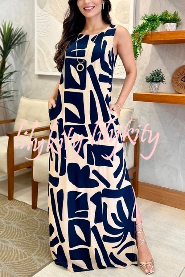 Unique Printed Sleeveless Slit Lace Up Waist Pocket Maxi Dress