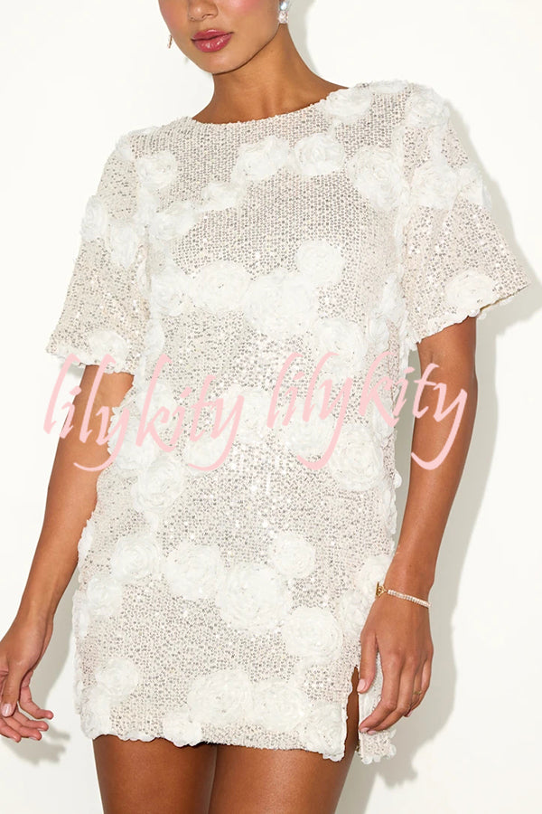 Feeling Exquisite Sequin-embellished Rose Texture Short Sleeve H-line Mini Dress
